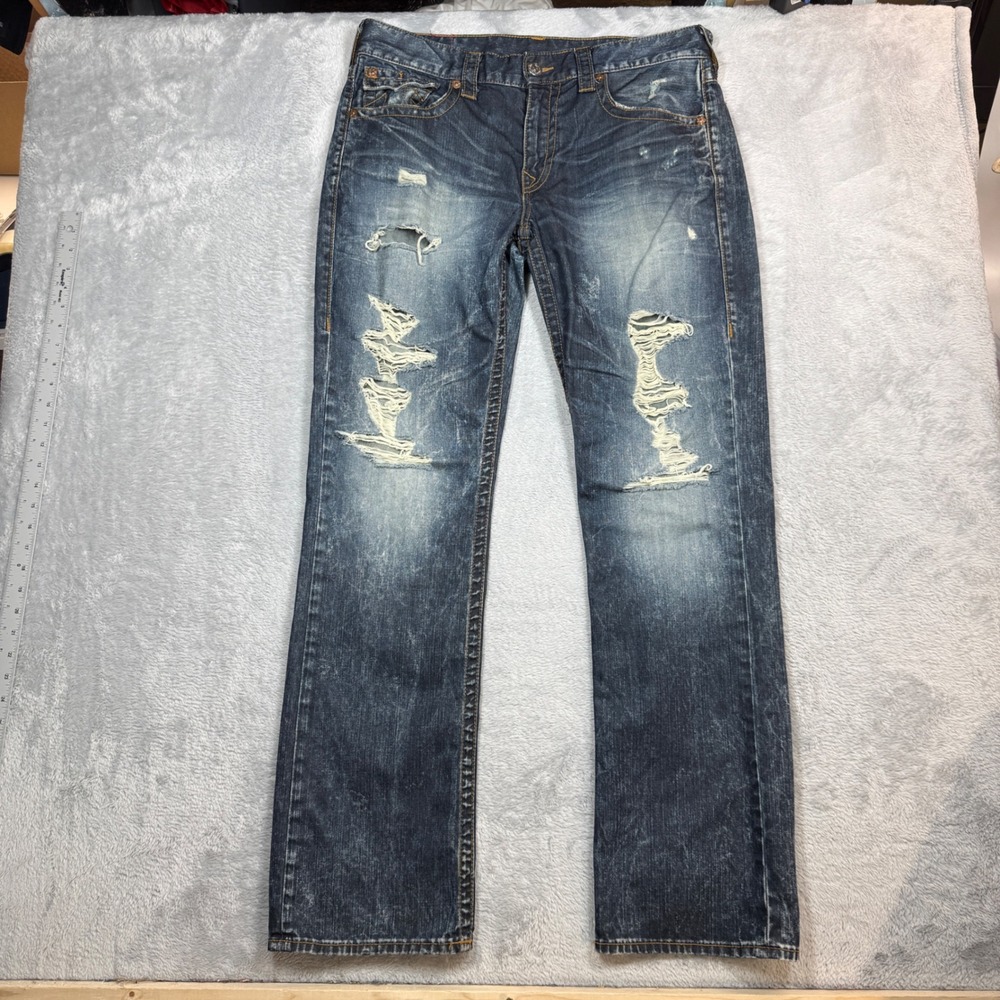 True Religion Straight Jeans Mens 34 (Fits 36x34) Blue Faded Ripped Distressed
